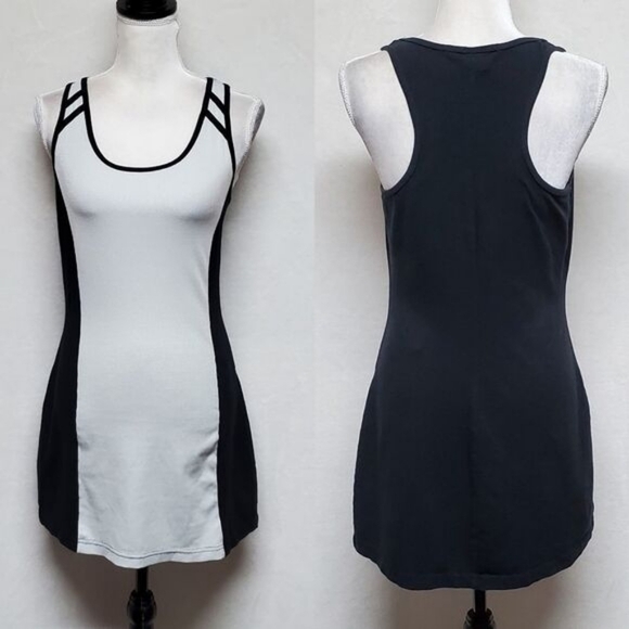 LBH Vintage 1990s Black White Colorblock Racerback Stretchy Mini Tennis Dress S - Picture 2 of 13